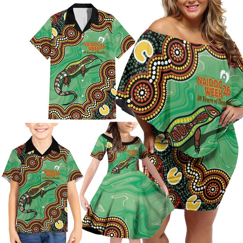 Personalised Australia Goanna NAIDOC Week 2026 Family Matching Off Shoulder Short Dress and Hawaiian Shirt 50 Years of Deadly Aboriginal Art