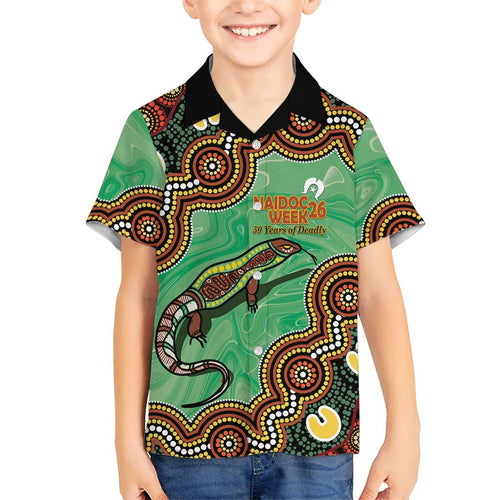 Personalised Australia Goanna NAIDOC Week 2026 Family Matching Off Shoulder Short Dress and Hawaiian Shirt 50 Years of Deadly Aboriginal Art