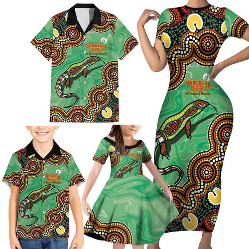 Personalised Australia Goanna NAIDOC Week 2026 Family Matching Short Sleeve Bodycon Dress and Hawaiian Shirt 50 Years of Deadly Aboriginal Art