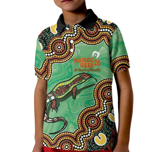 Personalised Australia Goanna NAIDOC Week 2026 Kid Polo Shirt 50 Years of Deadly Aboriginal Art