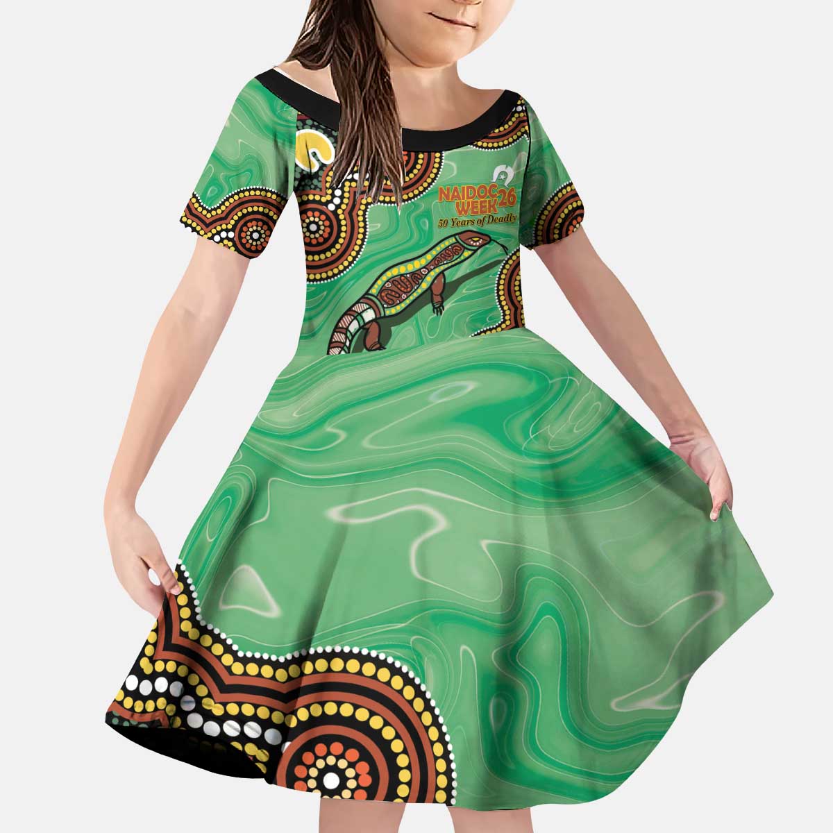 Personalised Australia Goanna NAIDOC Week 2026 Kid Short Sleeve Dress 50 Years of Deadly Aboriginal Art
