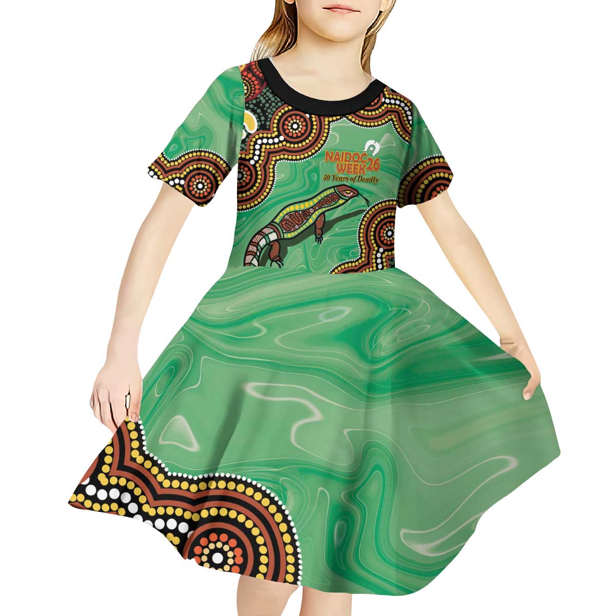 Personalised Australia Goanna NAIDOC Week 2026 Kid Short Sleeve Dress 50 Years of Deadly Aboriginal Art