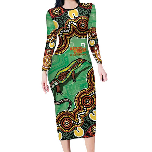 Personalised Australia Goanna NAIDOC Week 2026 Long Sleeve Bodycon Dress 50 Years of Deadly Aboriginal Art