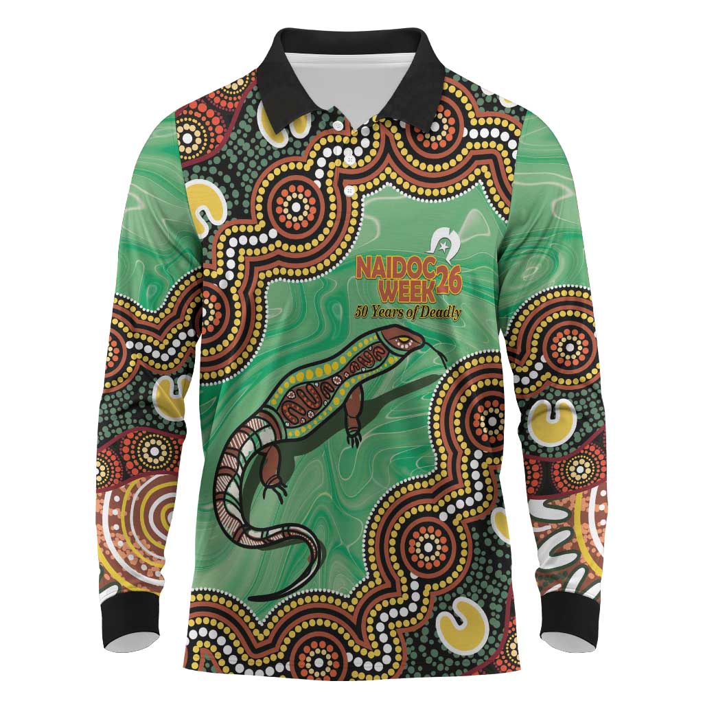 Personalised Australia Goanna NAIDOC Week 2026 Long Sleeve Polo Shirt 50 Years of Deadly Aboriginal Art
