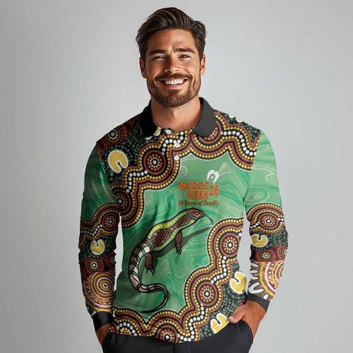 Personalised Australia Goanna NAIDOC Week 2026 Long Sleeve Polo Shirt 50 Years of Deadly Aboriginal Art