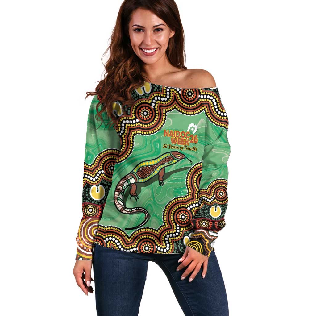 Personalised Australia Goanna NAIDOC Week 2026 Off Shoulder Sweater 50 Years of Deadly Aboriginal Art
