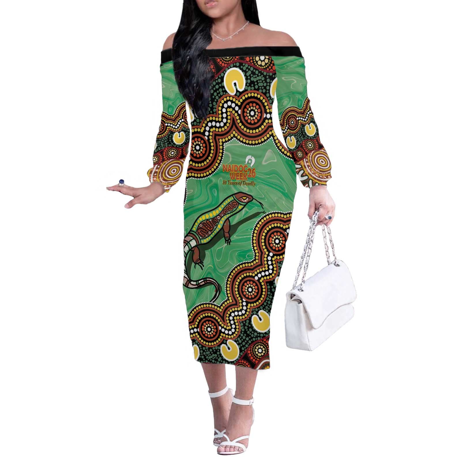 Personalised Australia Goanna NAIDOC Week 2026 Off The Shoulder Long Sleeve Dress 50 Years of Deadly Aboriginal Art