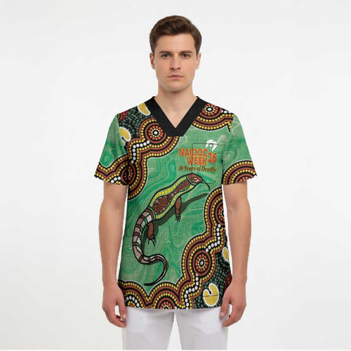 Personalised Australia Goanna NAIDOC Week 2026 Scrub Top 50 Years of Deadly Aboriginal Art