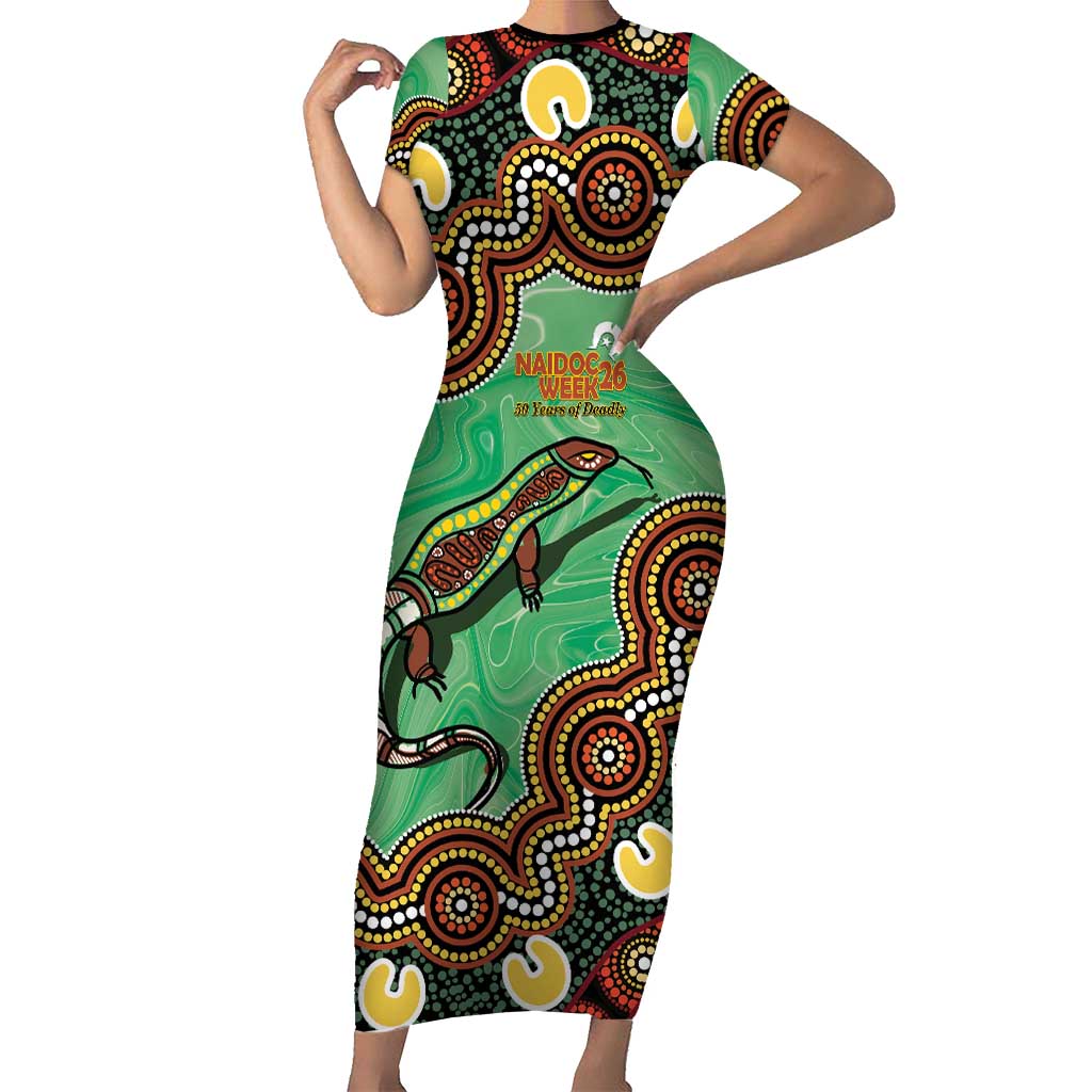 Personalised Australia Goanna NAIDOC Week 2026 Short Sleeve Bodycon Dress 50 Years of Deadly Aboriginal Art