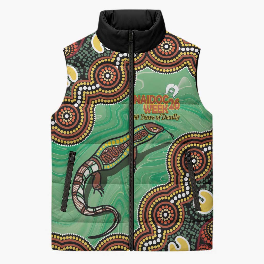 Personalised Australia Goanna NAIDOC Week 2026 Sleeveless Puffer Jacket 50 Years of Deadly Aboriginal Art