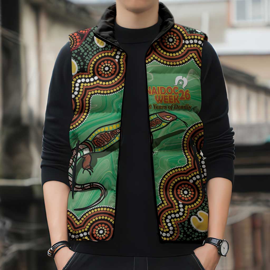 Personalised Australia Goanna NAIDOC Week 2026 Sleeveless Puffer Jacket 50 Years of Deadly Aboriginal Art