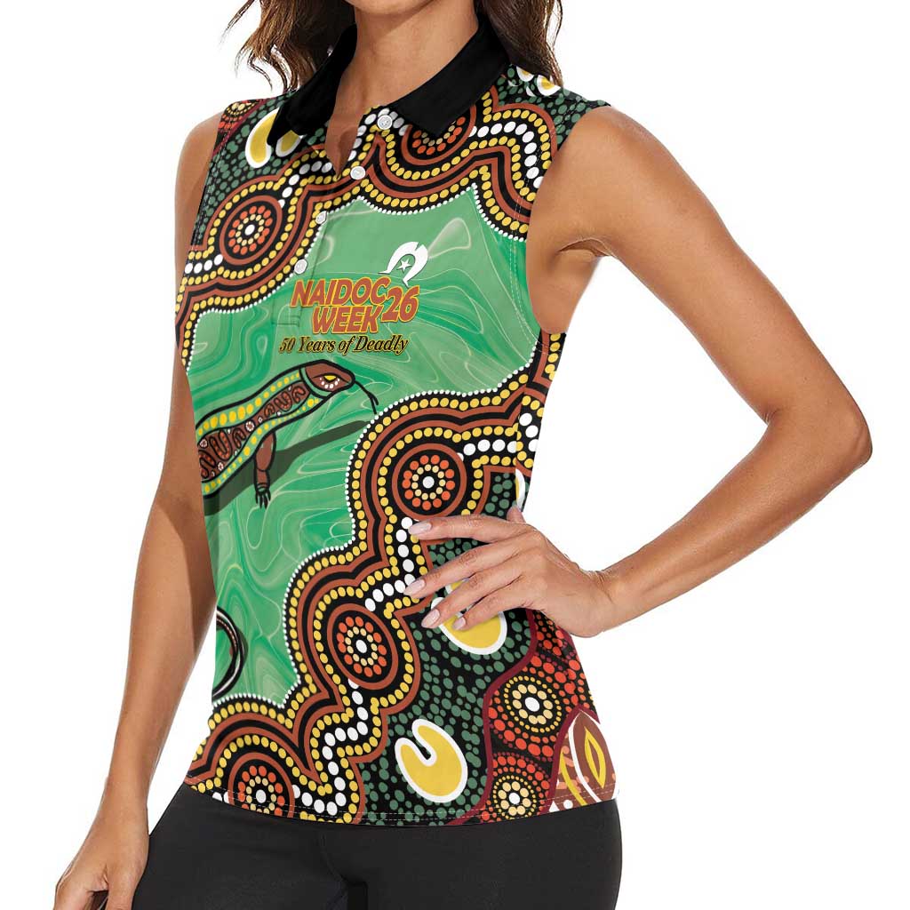 Personalised Australia Goanna NAIDOC Week 2026 Women Sleeveless Polo Shirt 50 Years of Deadly Aboriginal Art