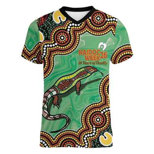 Personalised Australia Goanna NAIDOC Week 2026 Women V-Neck T-Shirt 50 Years of Deadly Aboriginal Art