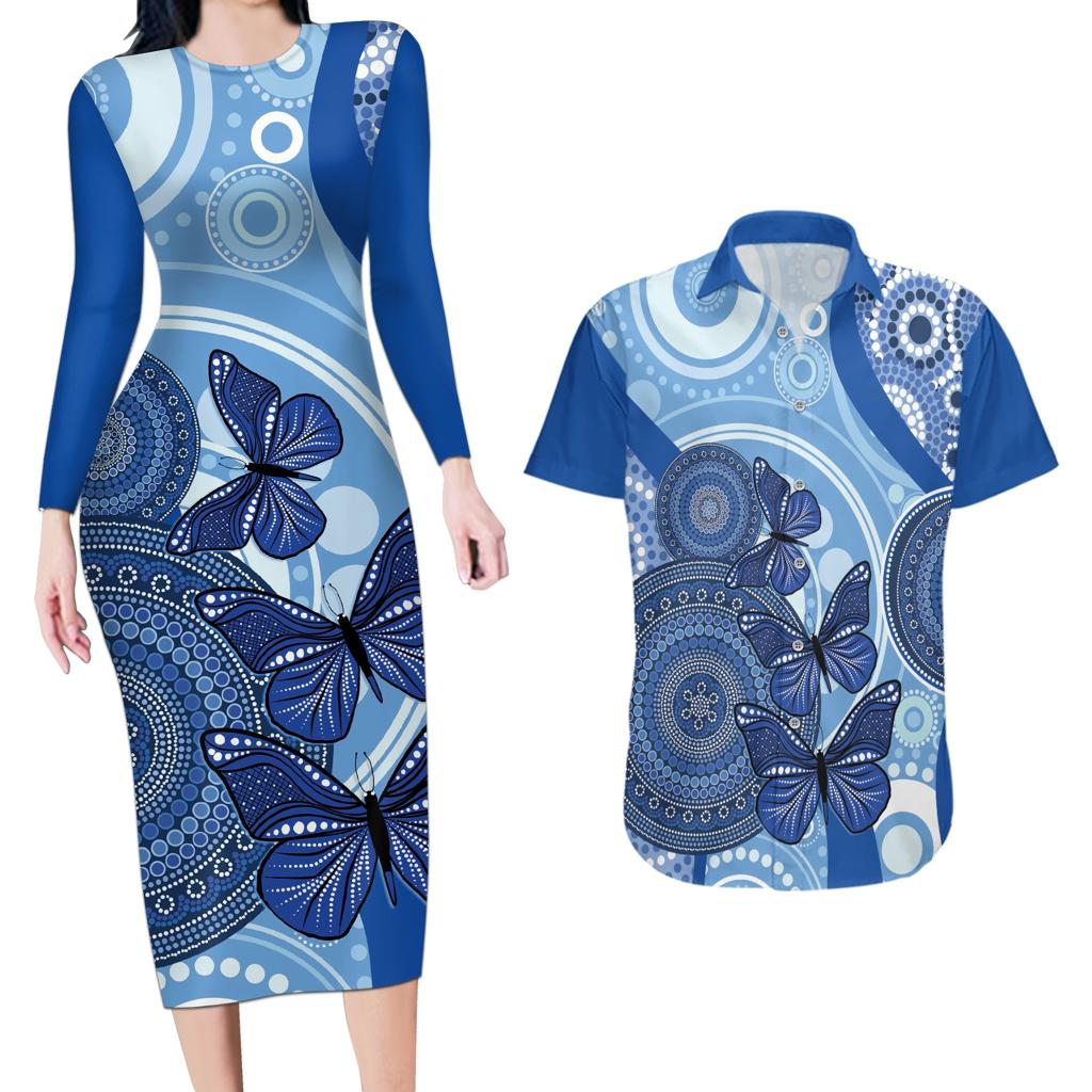 Australia Autism Awareness Couples Matching Long Sleeve Bodycon Dress and Hawaiian Shirt 4 April Indigenous Butterfly