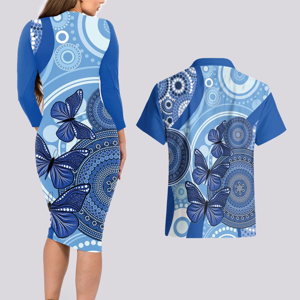Australia Autism Awareness Couples Matching Long Sleeve Bodycon Dress and Hawaiian Shirt 4 April Indigenous Butterfly