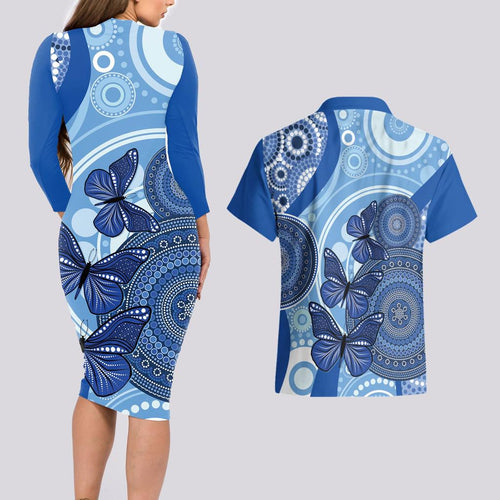 Australia Autism Awareness Couples Matching Long Sleeve Bodycon Dress and Hawaiian Shirt 4 April Indigenous Butterfly