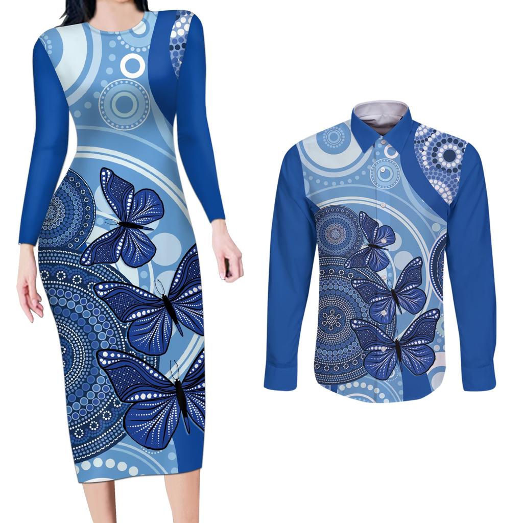 Australia Autism Awareness Couples Matching Long Sleeve Bodycon Dress and Long Sleeve Button Shirt 4 April Indigenous Butterfly