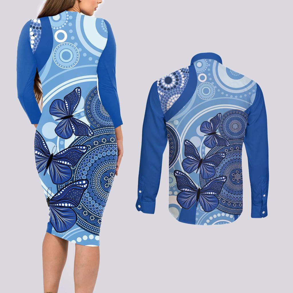 Australia Autism Awareness Couples Matching Long Sleeve Bodycon Dress and Long Sleeve Button Shirt 4 April Indigenous Butterfly