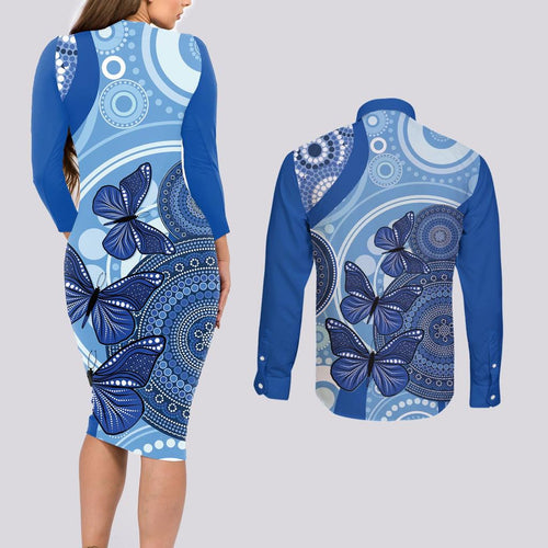 Australia Autism Awareness Couples Matching Long Sleeve Bodycon Dress and Long Sleeve Button Shirt 4 April Indigenous Butterfly