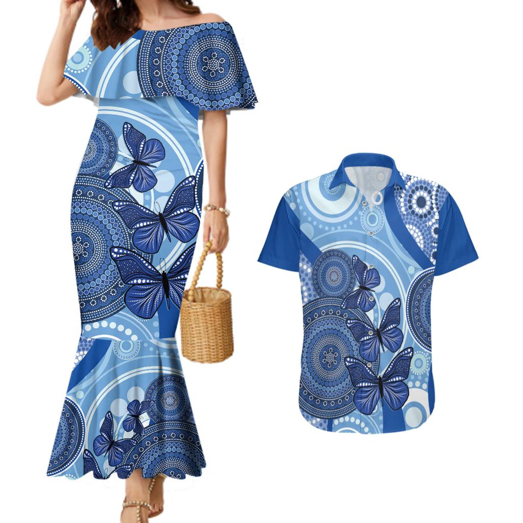 Australia Autism Awareness Couples Matching Mermaid Dress and Hawaiian Shirt 4 April Indigenous Butterfly