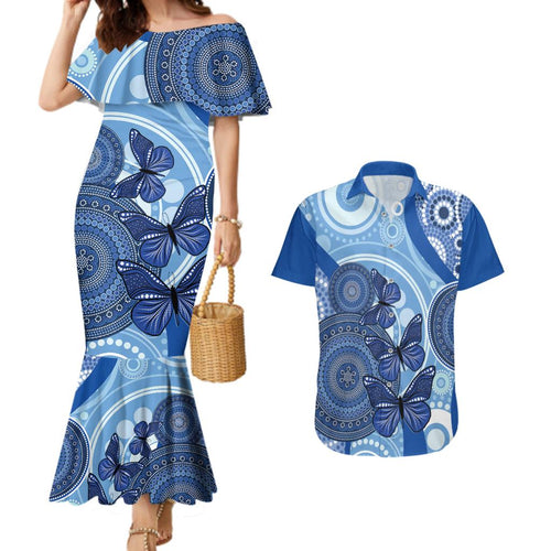 Australia Autism Awareness Couples Matching Mermaid Dress and Hawaiian Shirt 4 April Indigenous Butterfly