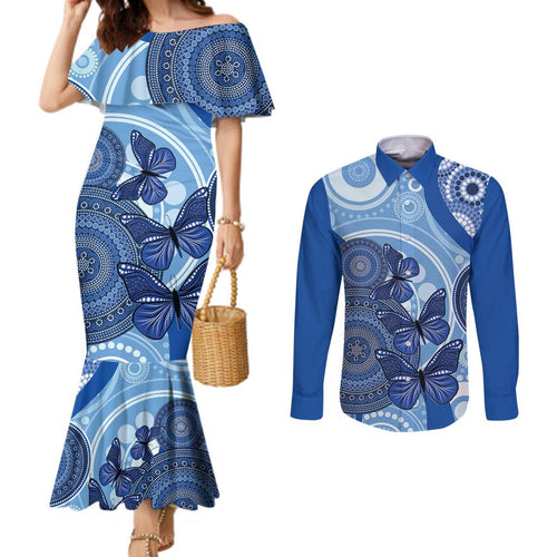 Australia Autism Awareness Couples Matching Mermaid Dress and Long Sleeve Button Shirt 4 April Indigenous Butterfly