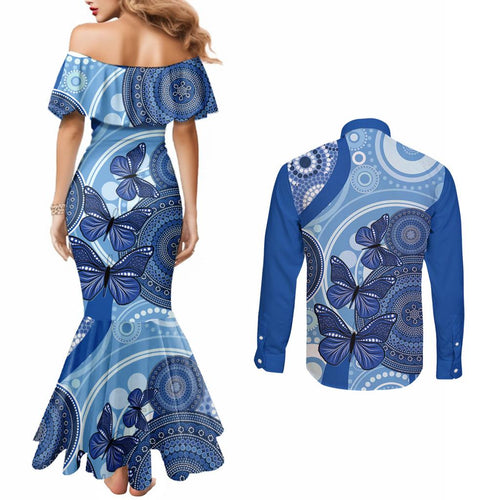 Australia Autism Awareness Couples Matching Mermaid Dress and Long Sleeve Button Shirt 4 April Indigenous Butterfly