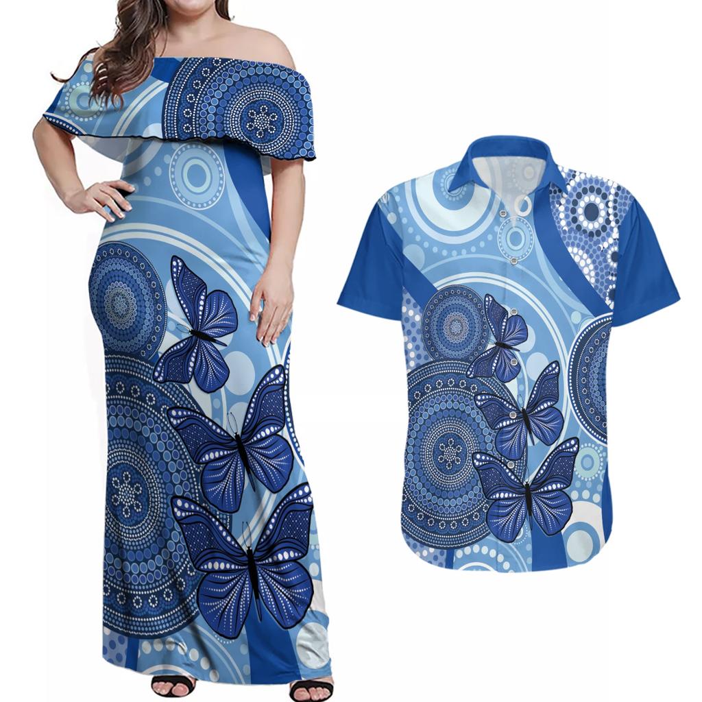 Australia Autism Awareness Couples Matching Off Shoulder Maxi Dress and Hawaiian Shirt 4 April Indigenous Butterfly