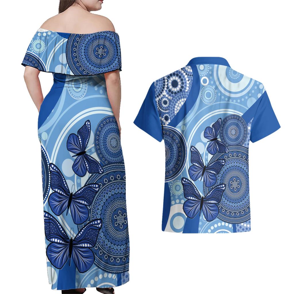 Australia Autism Awareness Couples Matching Off Shoulder Maxi Dress and Hawaiian Shirt 4 April Indigenous Butterfly