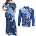 Australia Autism Awareness Couples Matching Off Shoulder Maxi Dress and Long Sleeve Button Shirt 4 April Indigenous Butterfly