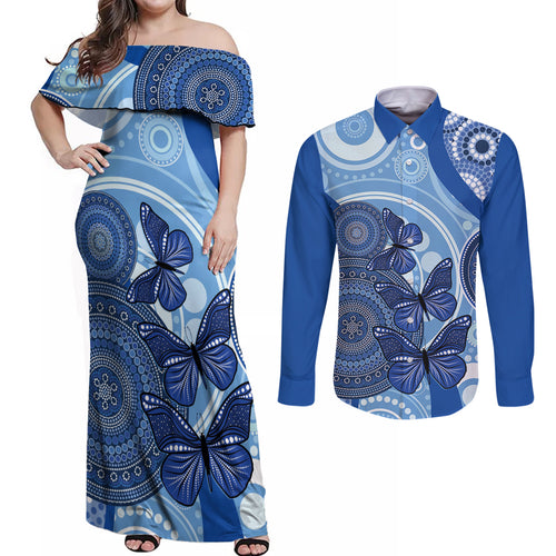 Australia Autism Awareness Couples Matching Off Shoulder Maxi Dress and Long Sleeve Button Shirt 4 April Indigenous Butterfly
