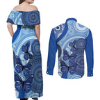 Australia Autism Awareness Couples Matching Off Shoulder Maxi Dress and Long Sleeve Button Shirt 4 April Indigenous Butterfly