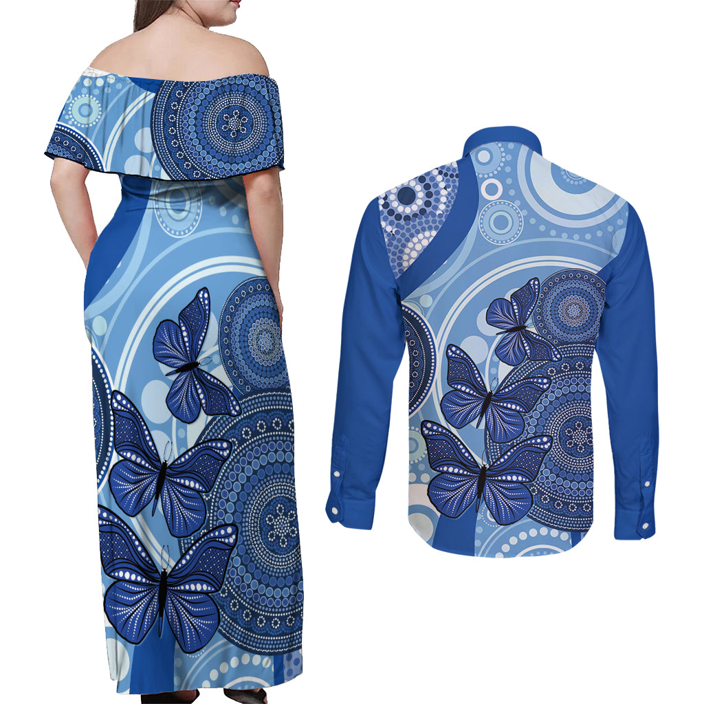 Australia Autism Awareness Couples Matching Off Shoulder Maxi Dress and Long Sleeve Button Shirt 4 April Indigenous Butterfly