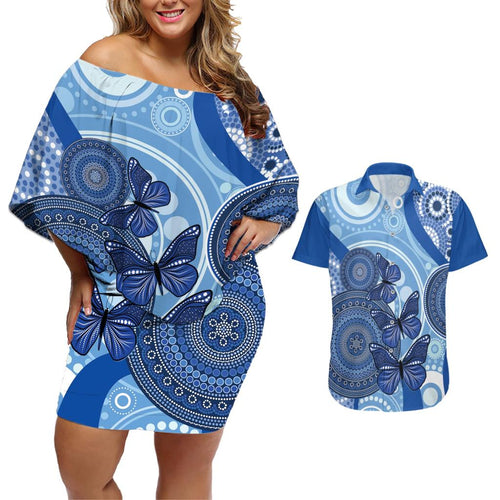 Australia Autism Awareness Couples Matching Off Shoulder Short Dress and Hawaiian Shirt 4 April Indigenous Butterfly