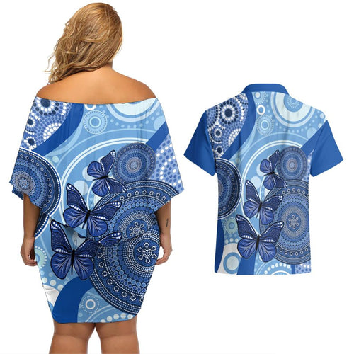 Australia Autism Awareness Couples Matching Off Shoulder Short Dress and Hawaiian Shirt 4 April Indigenous Butterfly