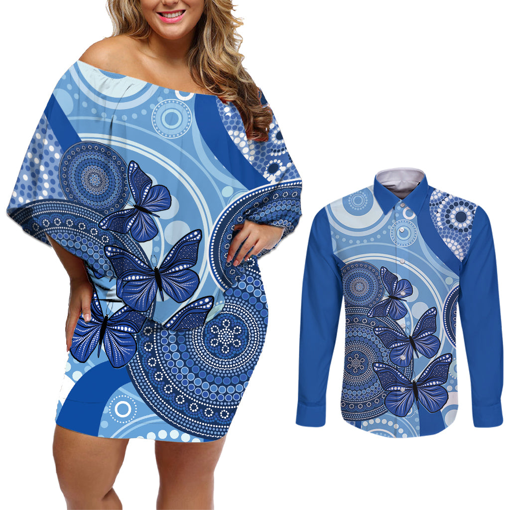 Australia Autism Awareness Couples Matching Off Shoulder Short Dress and Long Sleeve Button Shirt 4 April Indigenous Butterfly
