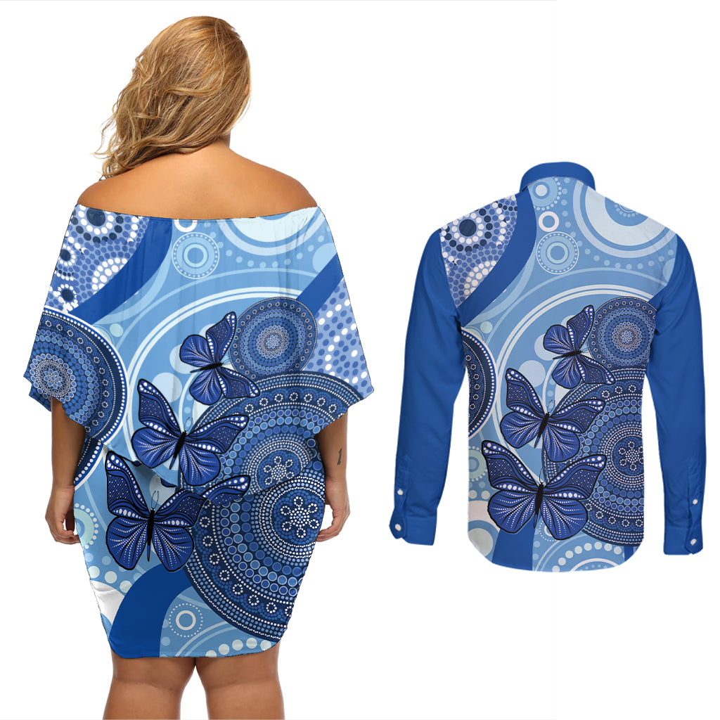 Australia Autism Awareness Couples Matching Off Shoulder Short Dress and Long Sleeve Button Shirt 4 April Indigenous Butterfly