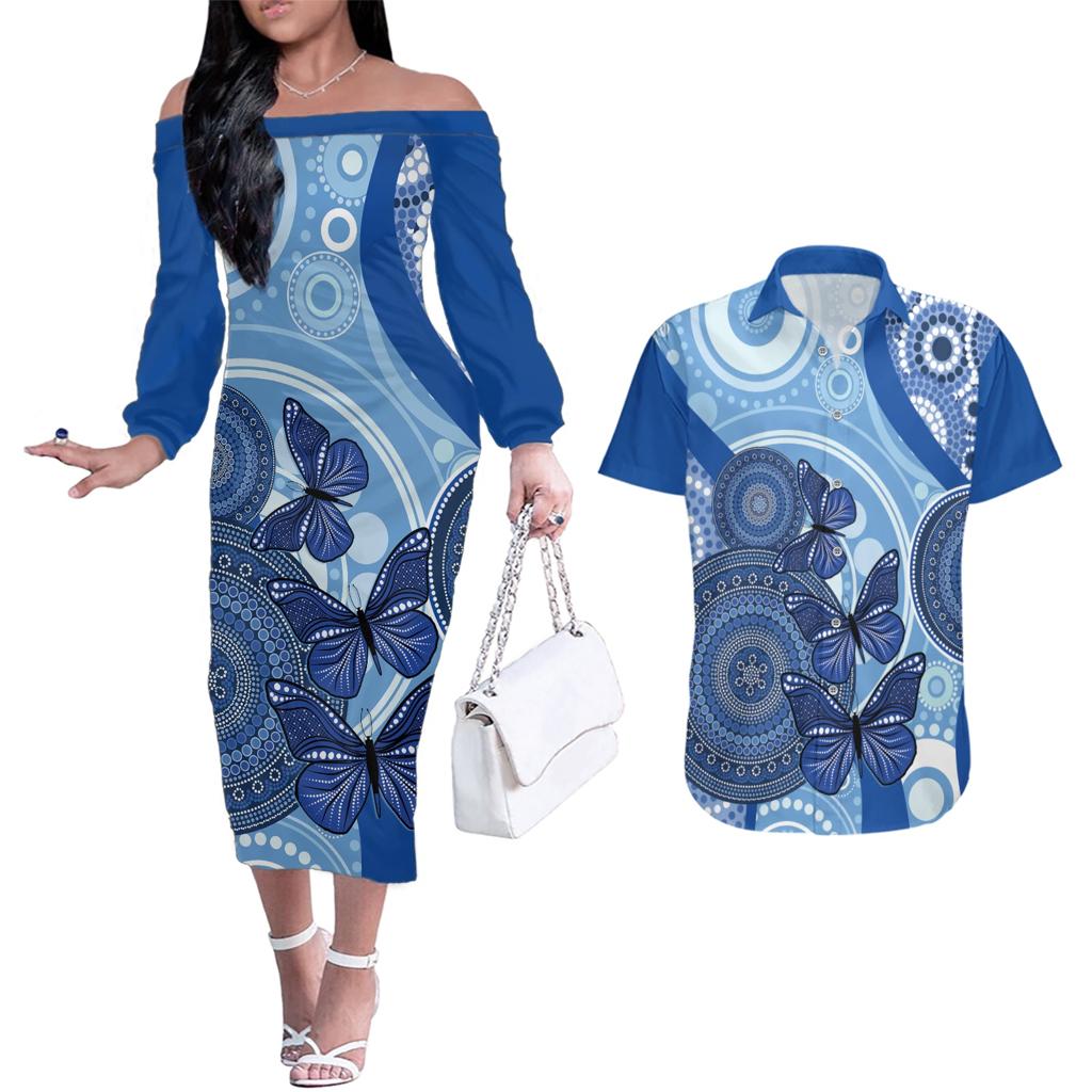 Australia Autism Awareness Couples Matching Off The Shoulder Long Sleeve Dress and Hawaiian Shirt 4 April Indigenous Butterfly
