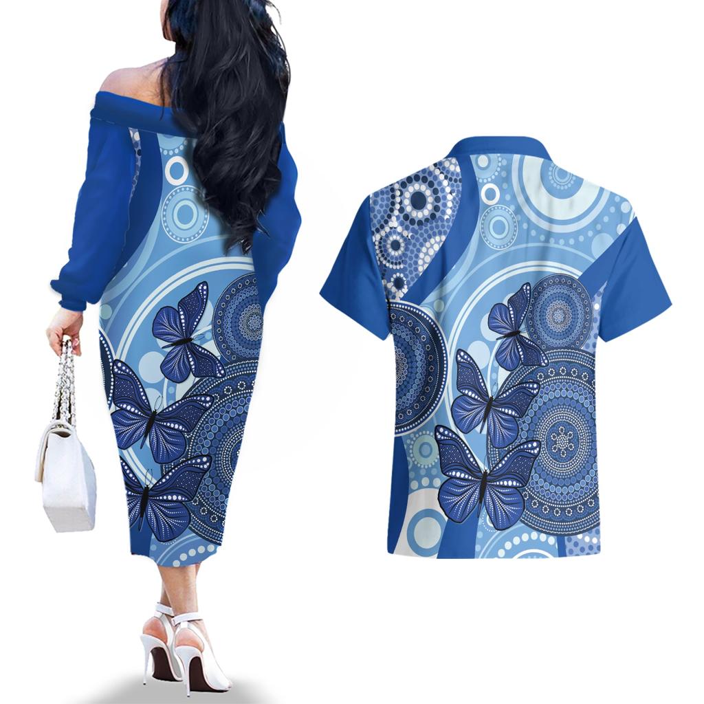 Australia Autism Awareness Couples Matching Off The Shoulder Long Sleeve Dress and Hawaiian Shirt 4 April Indigenous Butterfly