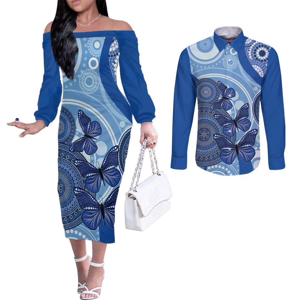 Australia Autism Awareness Couples Matching Off The Shoulder Long Sleeve Dress and Long Sleeve Button Shirt 4 April Indigenous Butterfly