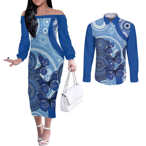 Australia Autism Awareness Couples Matching Off The Shoulder Long Sleeve Dress and Long Sleeve Button Shirt 4 April Indigenous Butterfly