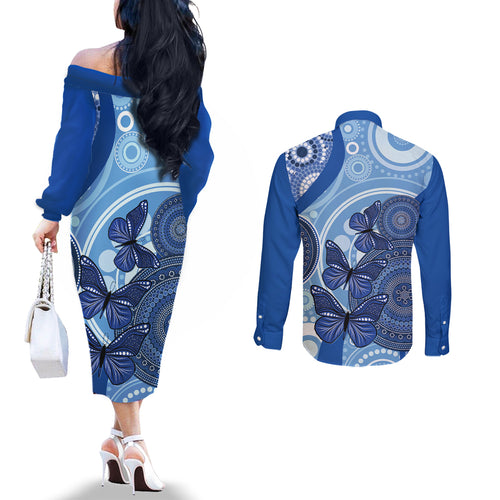 Australia Autism Awareness Couples Matching Off The Shoulder Long Sleeve Dress and Long Sleeve Button Shirt 4 April Indigenous Butterfly
