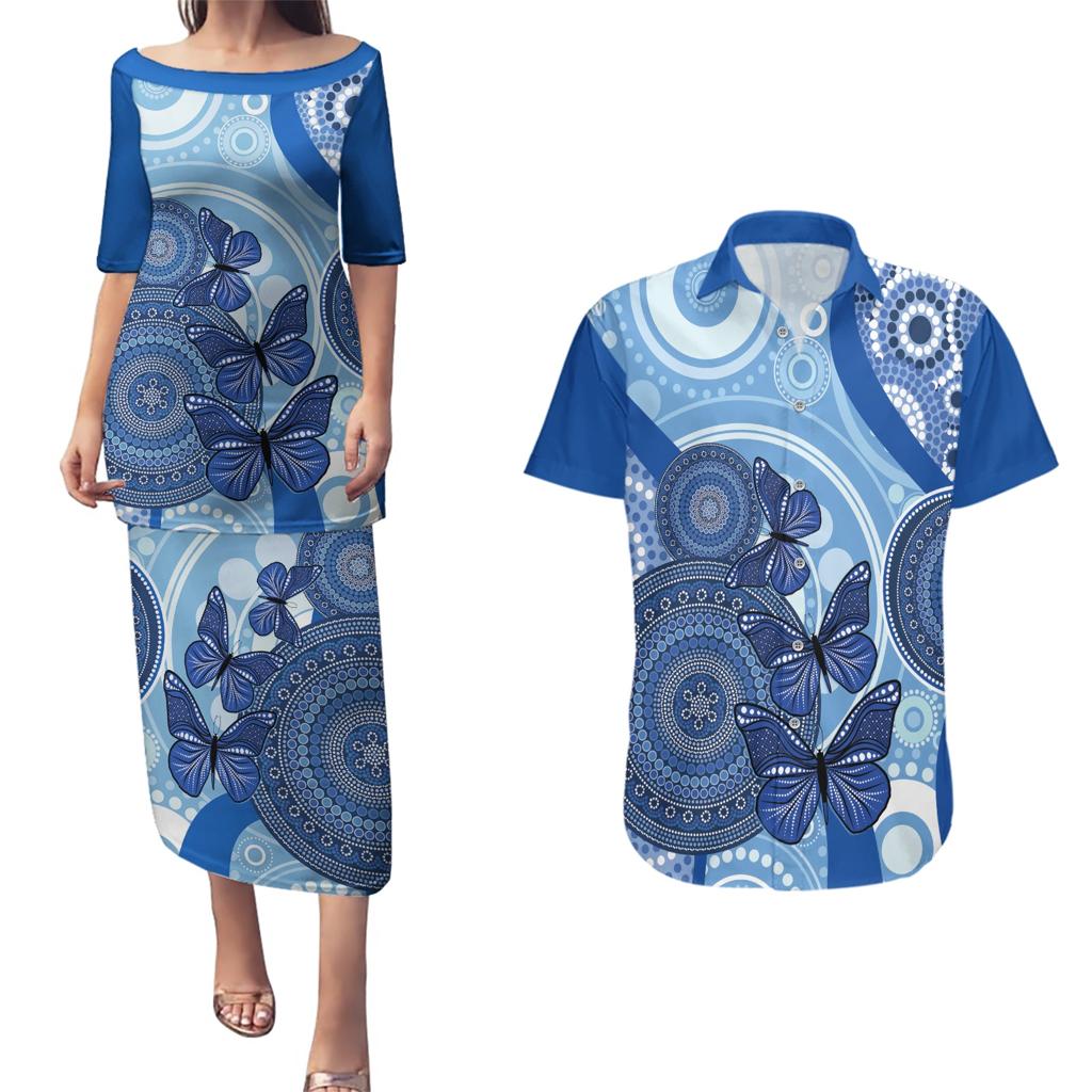 Australia Autism Awareness Couples Matching Puletasi and Hawaiian Shirt 4 April Indigenous Butterfly