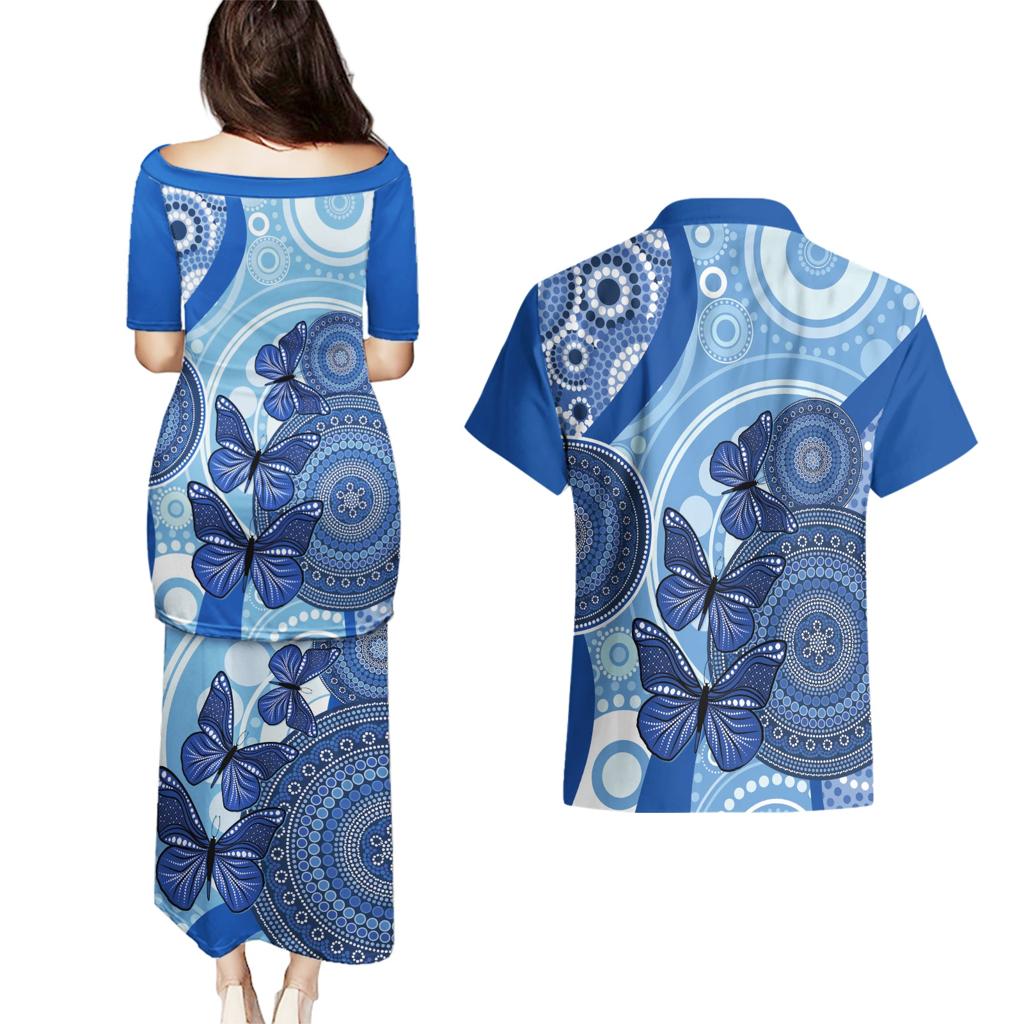 Australia Autism Awareness Couples Matching Puletasi and Hawaiian Shirt 4 April Indigenous Butterfly
