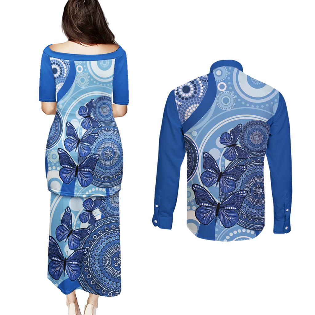Australia Autism Awareness Couples Matching Puletasi and Long Sleeve Button Shirt 4 April Indigenous Butterfly