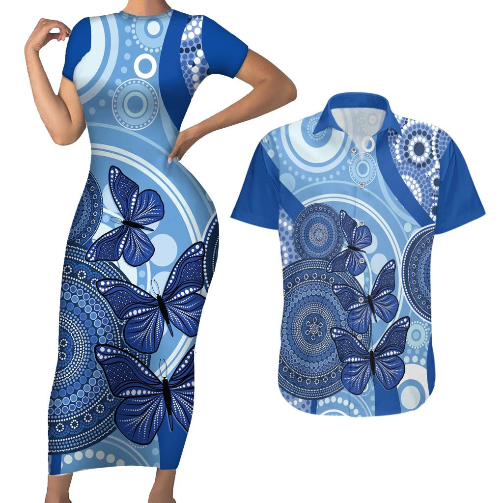 Australia Autism Awareness Couples Matching Short Sleeve Bodycon Dress and Hawaiian Shirt 4 April Indigenous Butterfly