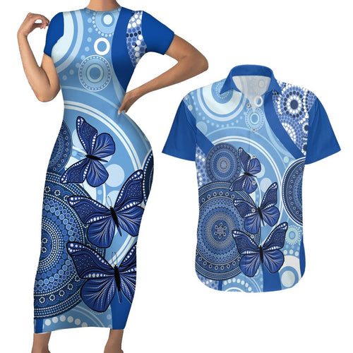 Australia Autism Awareness Couples Matching Short Sleeve Bodycon Dress and Hawaiian Shirt 4 April Indigenous Butterfly