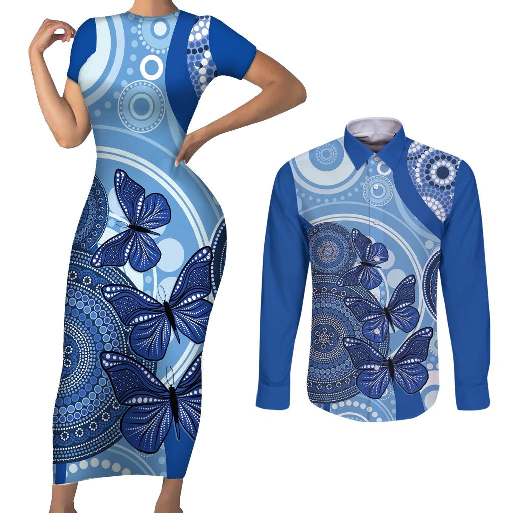 Australia Autism Awareness Couples Matching Short Sleeve Bodycon Dress and Long Sleeve Button Shirt 4 April Indigenous Butterfly