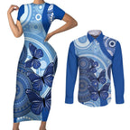 Australia Autism Awareness Couples Matching Short Sleeve Bodycon Dress and Long Sleeve Button Shirt 4 April Indigenous Butterfly