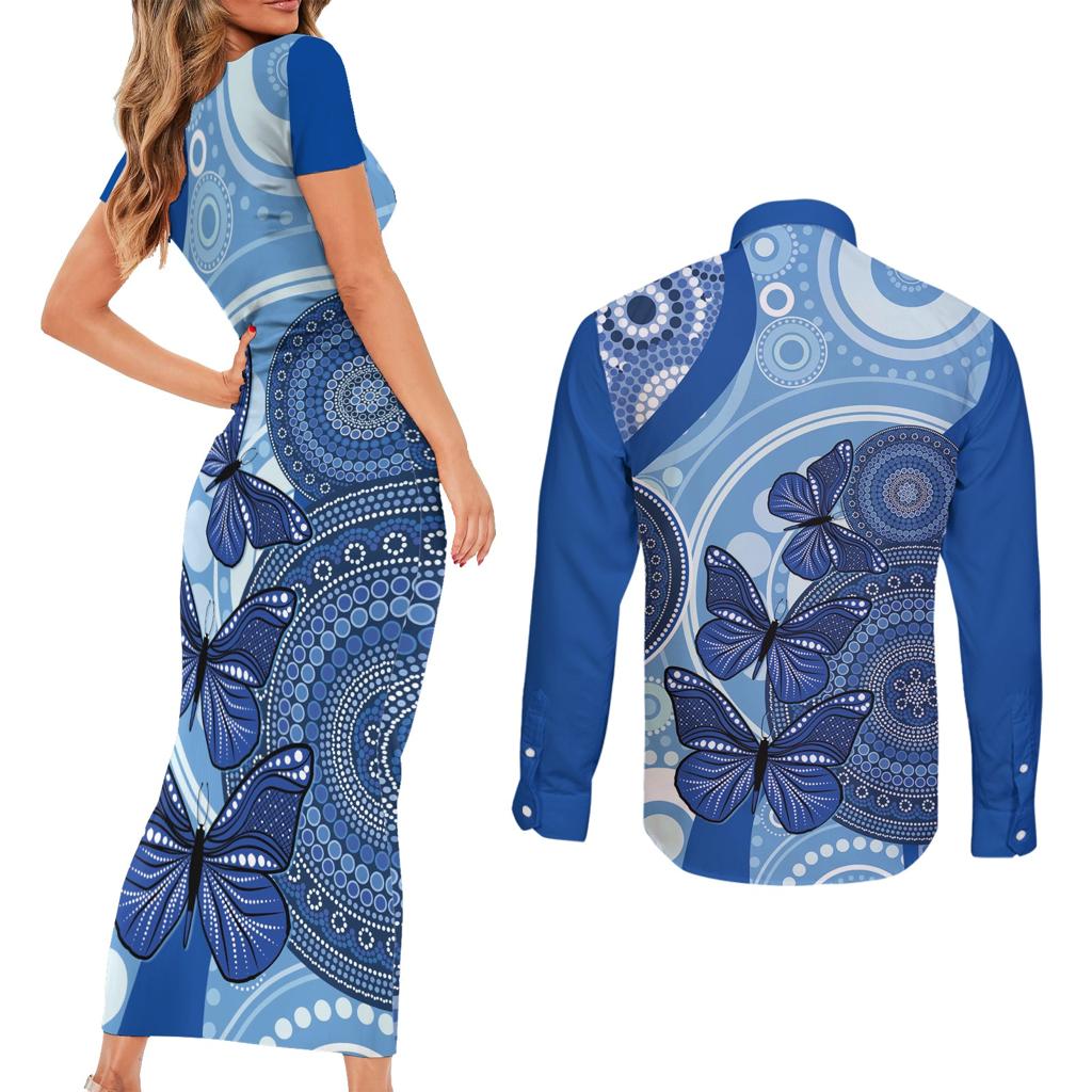 Australia Autism Awareness Couples Matching Short Sleeve Bodycon Dress and Long Sleeve Button Shirt 4 April Indigenous Butterfly